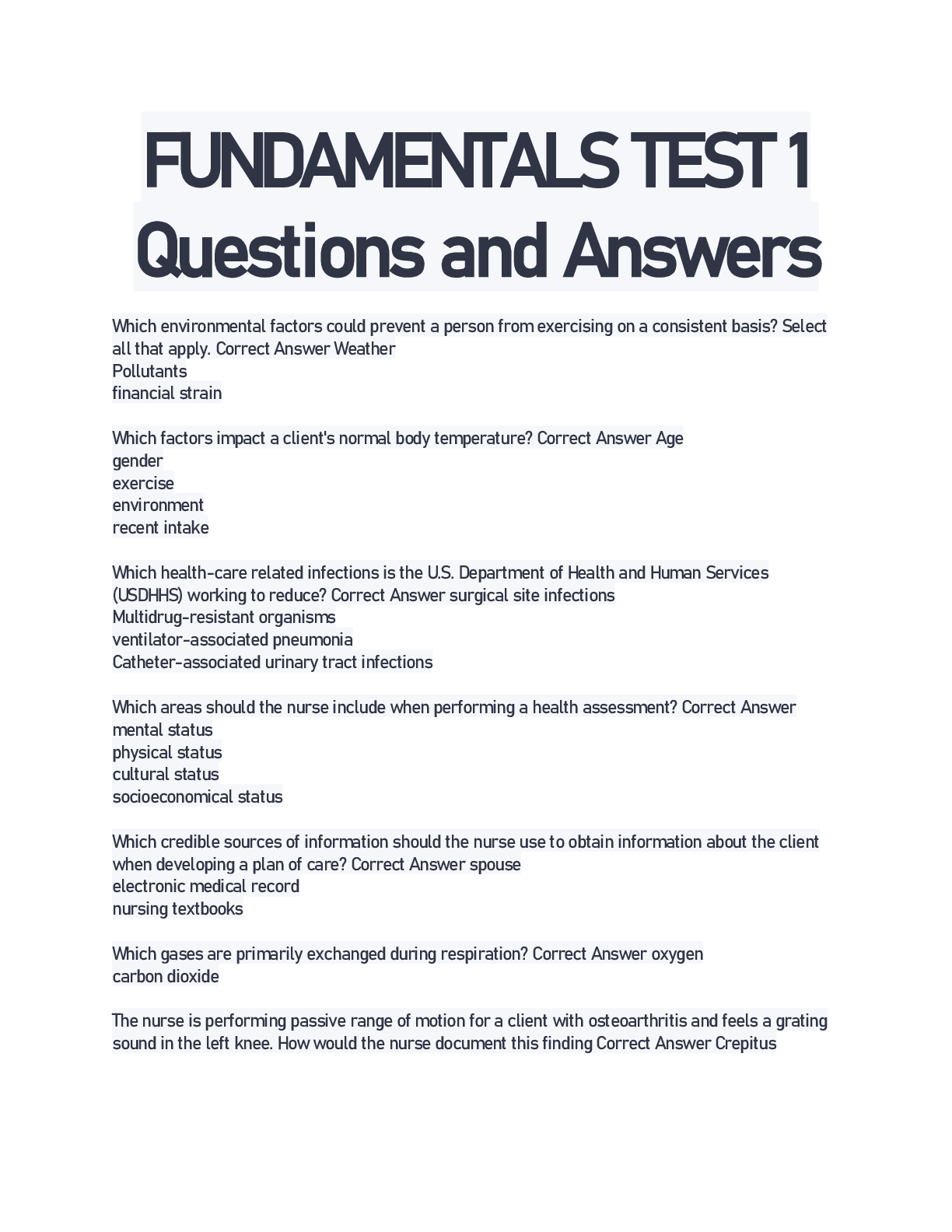 FUNDAMENTALS TEST 1 Questions and Answers - Browsegrades